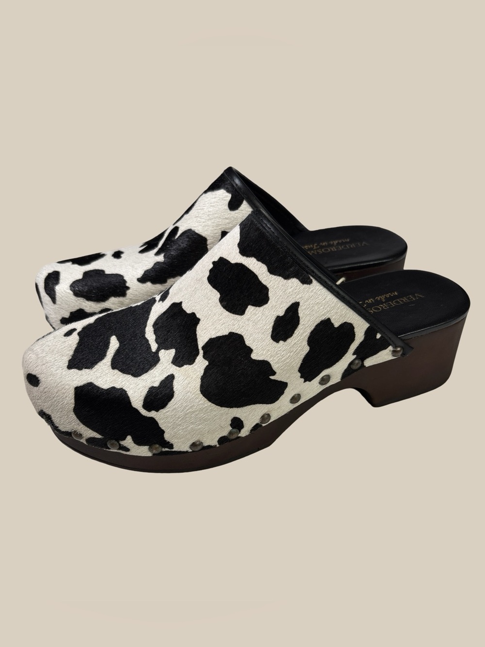 Verderosmarino Cow Print Calf Hair Wooden Clog Mules Studded Made In Italy 7.5